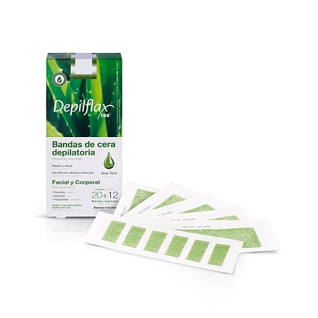 Набор для депиляции DEPILFLAX Алое Вера: 20 шт для тела, 12 шт для лица, влажные салфетки 