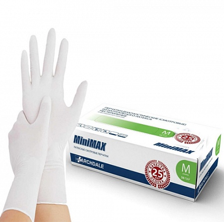 Перчатки латексные опудренные MiniMax размер М, 50 пар в упаковке