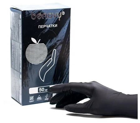 Перчатки нитриловые BENOVY чёрные размер XS, 50 пар в упаковке  Перчатки нитриловые BENOVY чёрные размер XS, 50 пар в упаковке